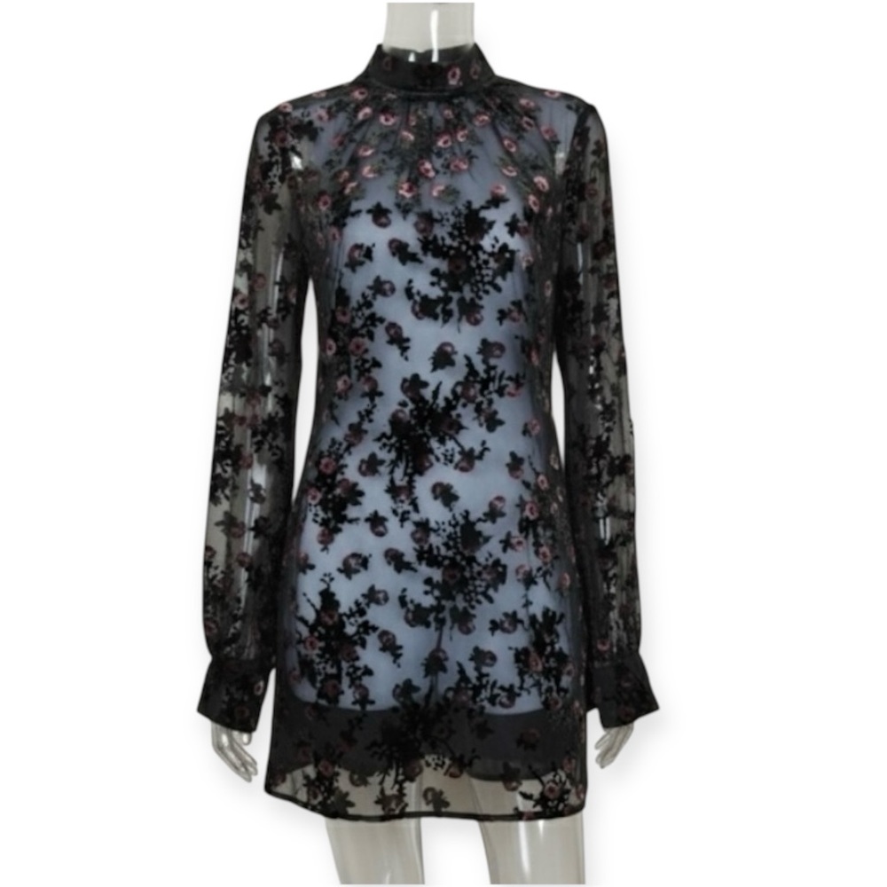 WAYF Black & Red Floral Velvet Burnout Sheer Mock Neck Mini Dress, Size M